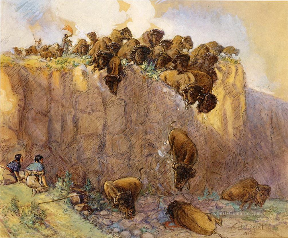 treibender Büffel über der Klippe 1914 Charles Marion Russell Indiana Cowboy Ölgemälde